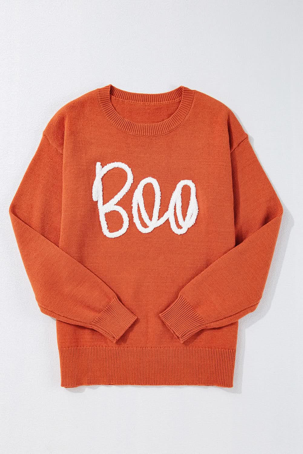 Orange Boo Knitted Pattern Ribbed Edge Drop Shoulder Sweater - Love Salve
